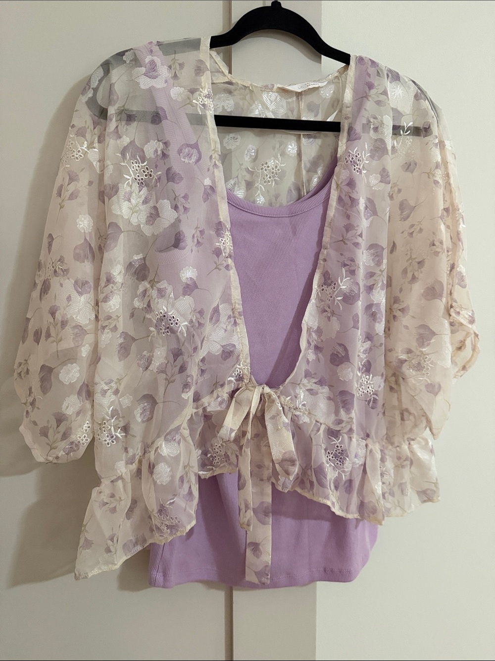 LC Lauren Conrad cream Kimono with Old Navy Lavender matching tank L